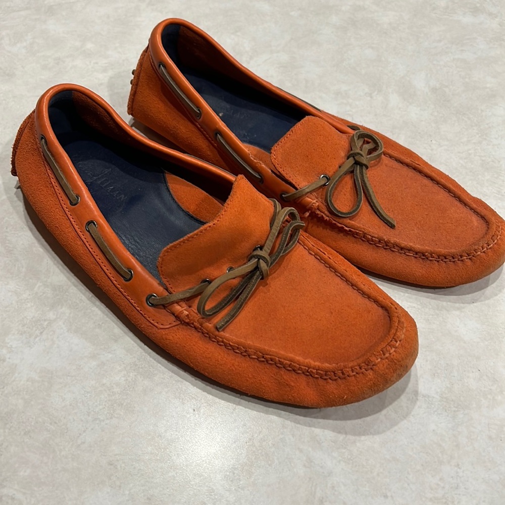 Bright moccasins. Orange and comfort